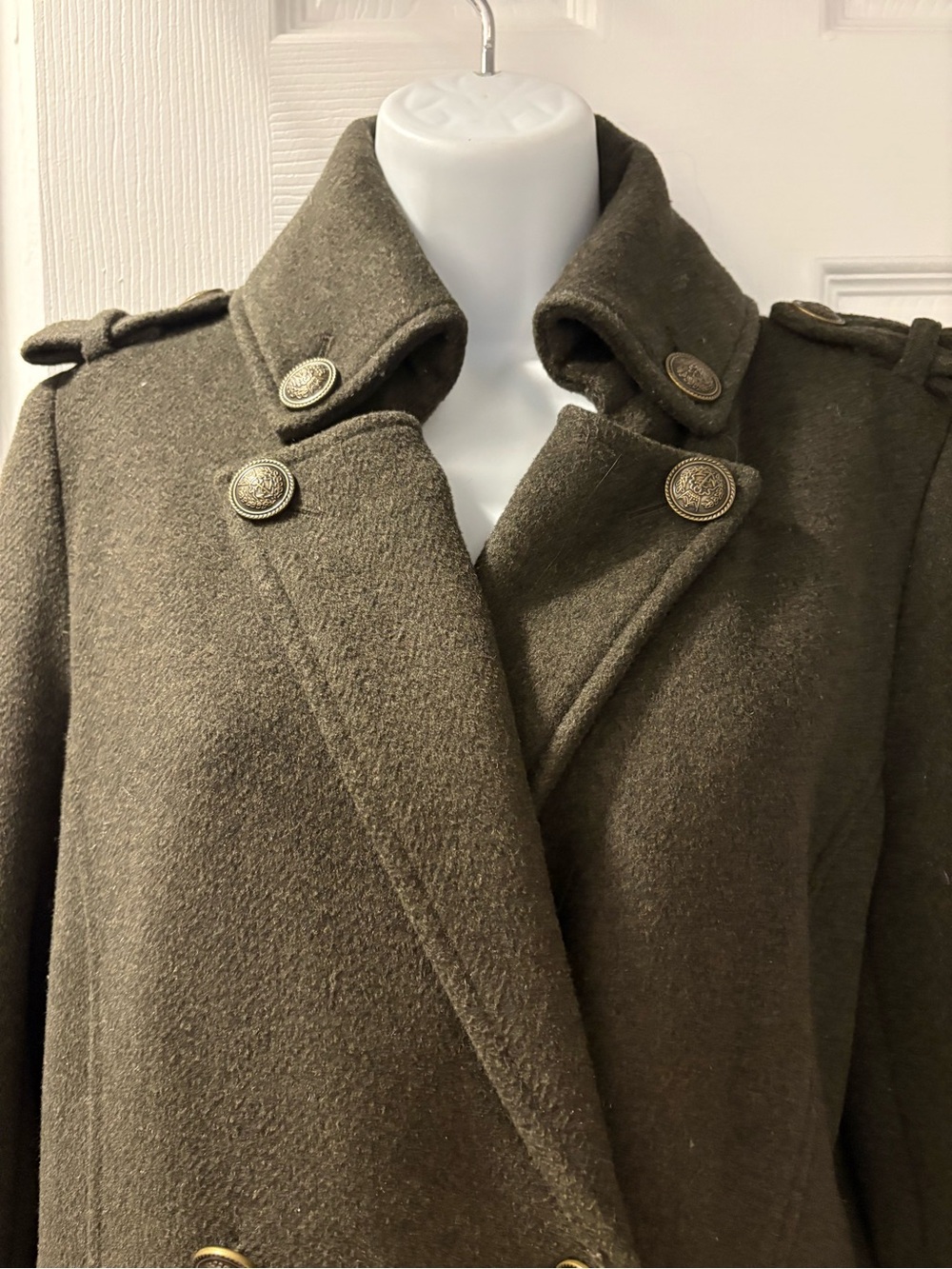 Juniors-Women’s Double-Breasted Wool Blend Military Coat - Olive